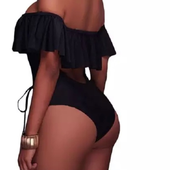 Black Ruffle Lace Up Swimsuit - Picture 2 of 6